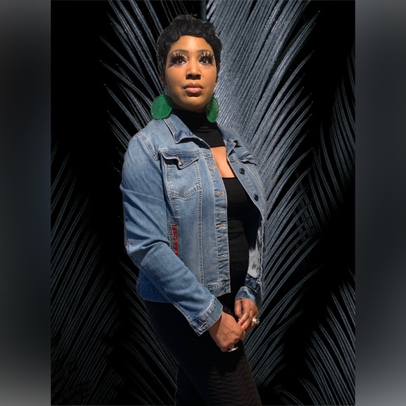 Custom designed denim jacket with African print tribute on back - Picture 2 of 4